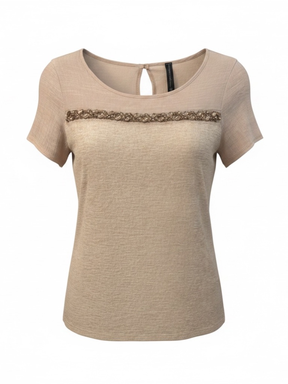 Women’s Short Sleeve Scoop Neck Top with Braided Trim - Beige